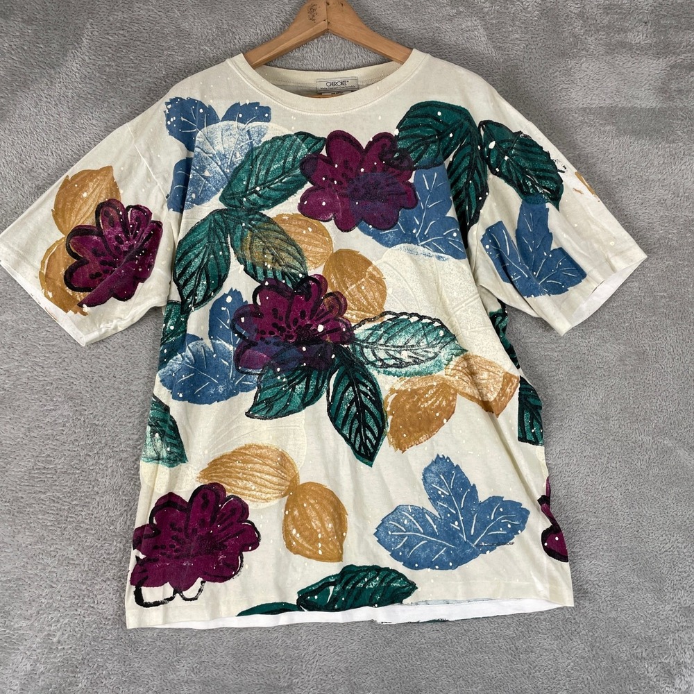 Vintage Cherokee Shirt Womens Large Ivory Floral Paint Splatter Cotton Boxy Tee